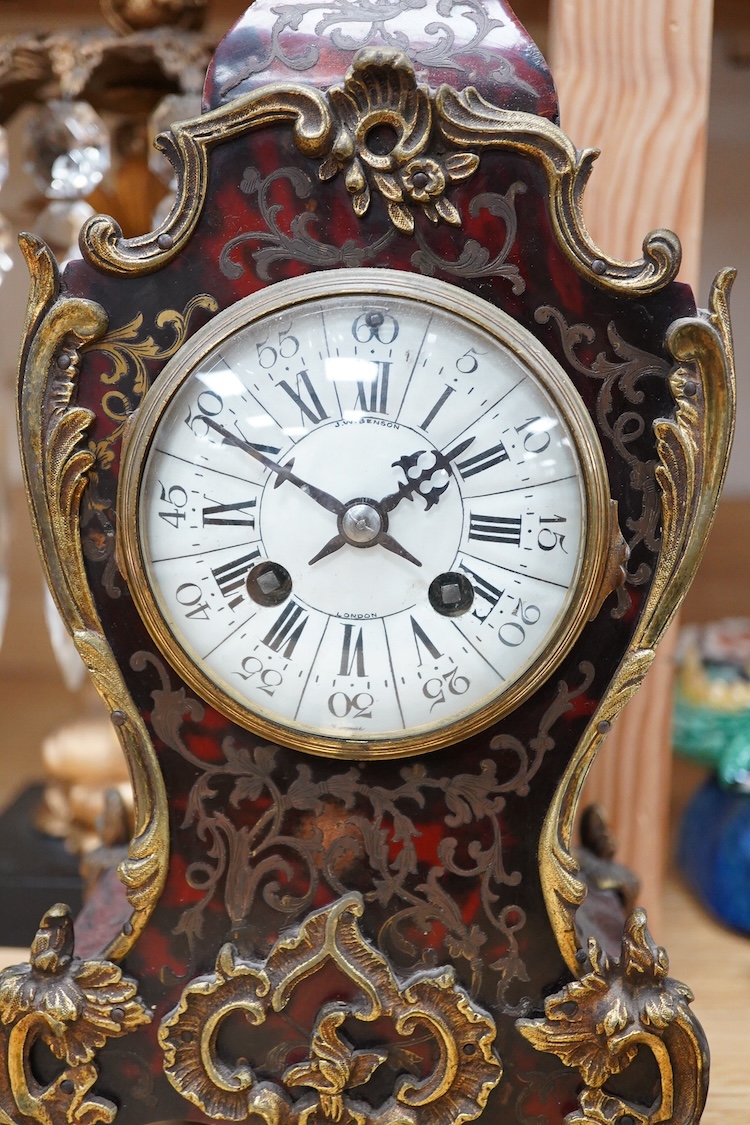 A late 19th century gilt metal mounted Boulle work mantel clock, J. W. Benson, London, with pendulum and key, 36cm high